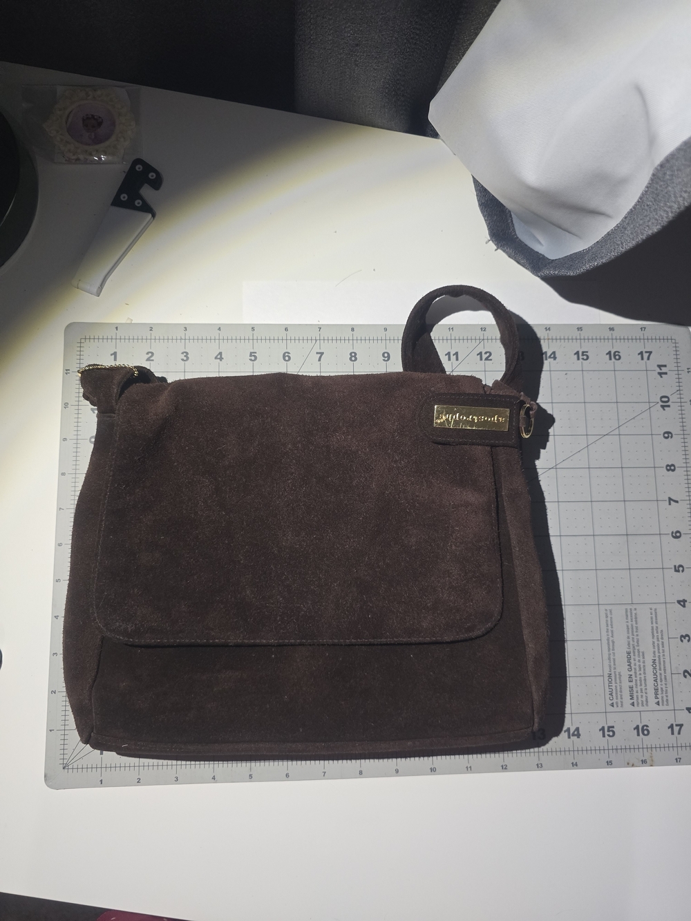 Brown Suede apostrophe Crossbody Bag